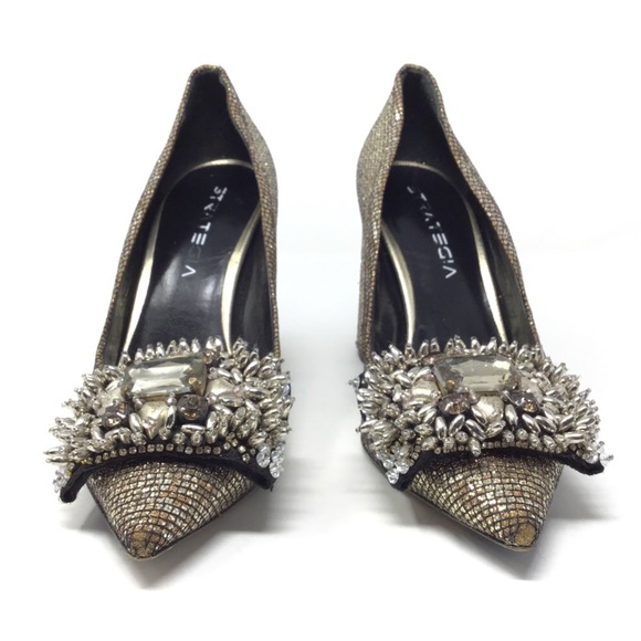 STRATEGIA GOLD HEELS WITH EMBELLISHED BUCKLE - Picture 2 of 7